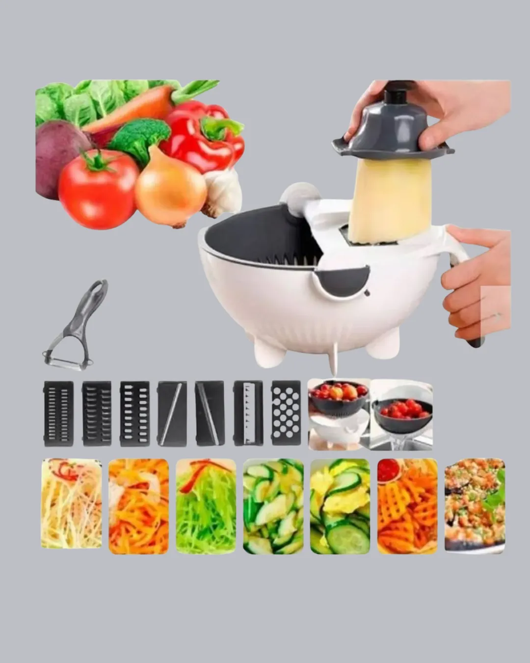 Çok Fonksiyonlu Döner Rende Süzgeç Hazneli Ergonomik Sebze Doğrayıcı