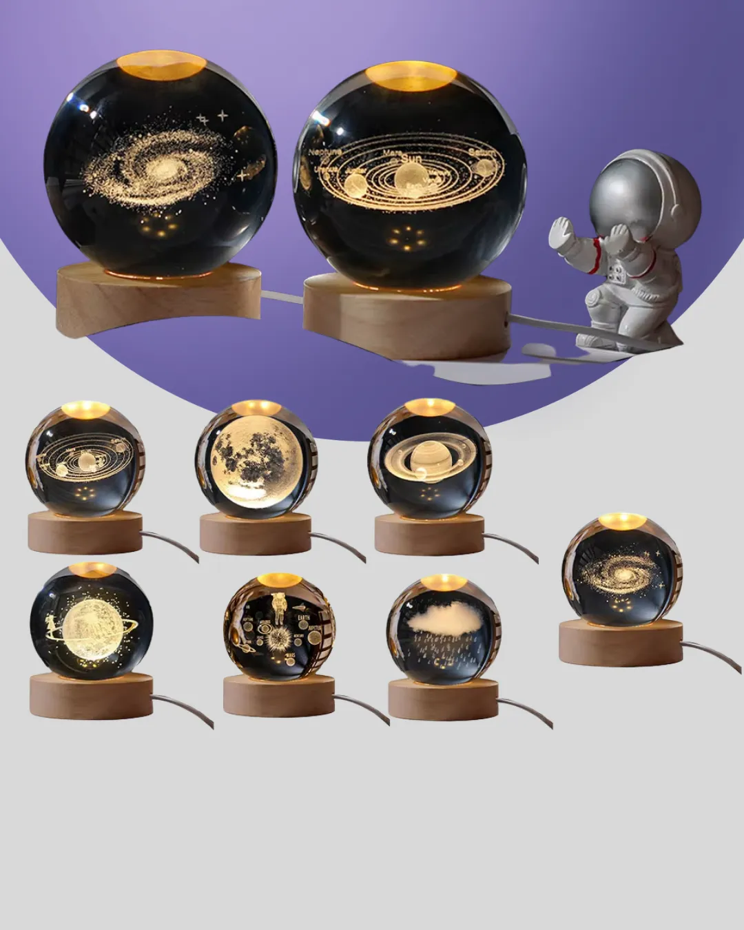 Samanyolu Desenli Kristal Küre Ahşap Standlı Gün Işığı LED Masa Lambası