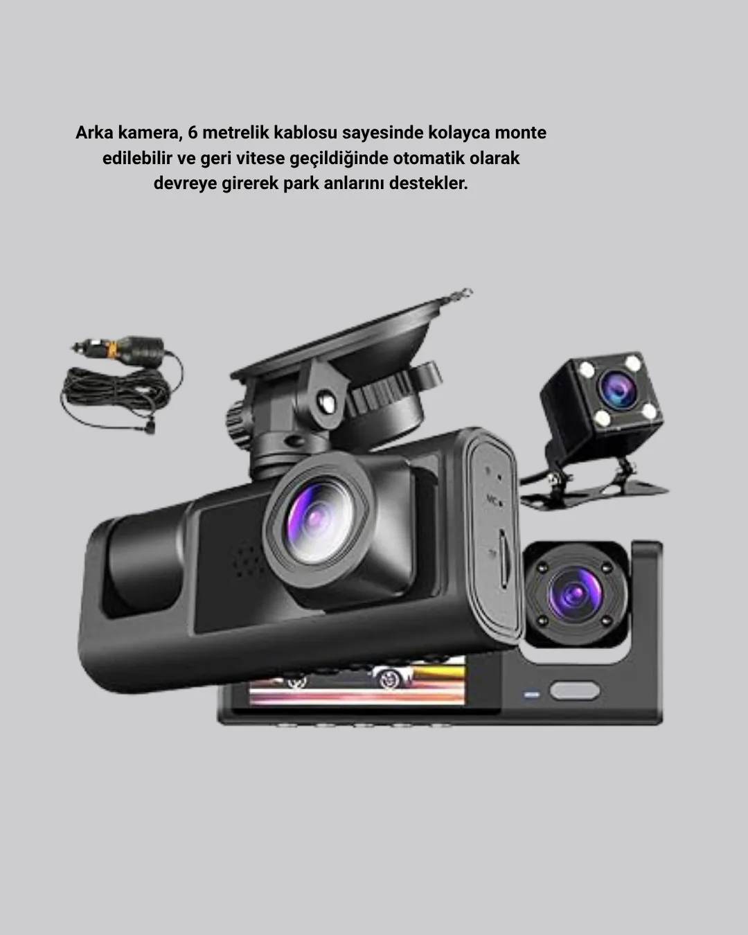 Full HD Üç Kameralı Araç Kamerası 170° Geniş Açılı ve Park Destekli