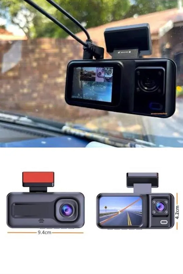 1080P 3 Lensli WİFİ Araç İçi Kameralı Ekran DVR Kaydedici Gece Görüşlü
