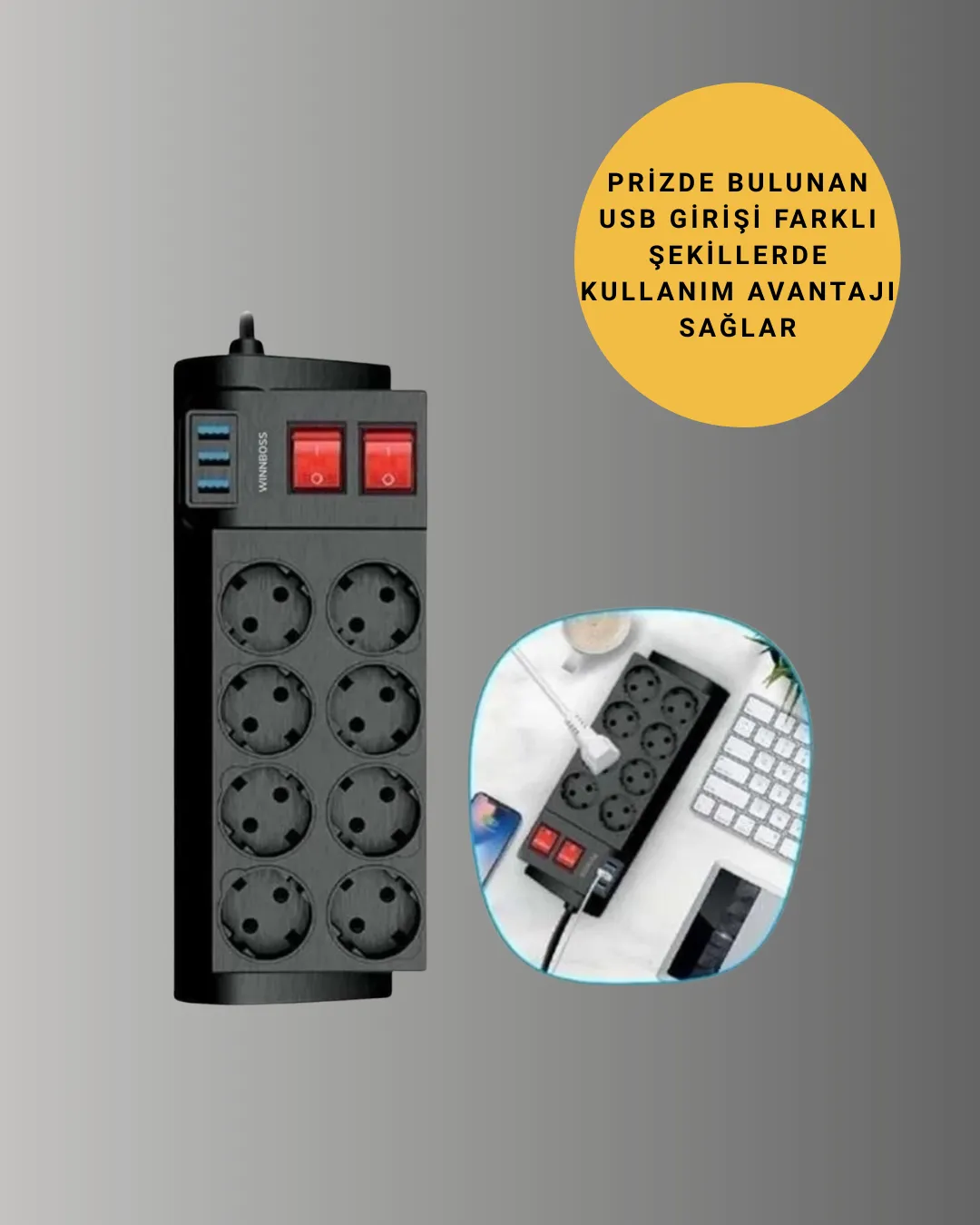 Güçlü Termal Korumalı 8 Priz + 3 USB Çoklu Uzatma Kablosu 2m