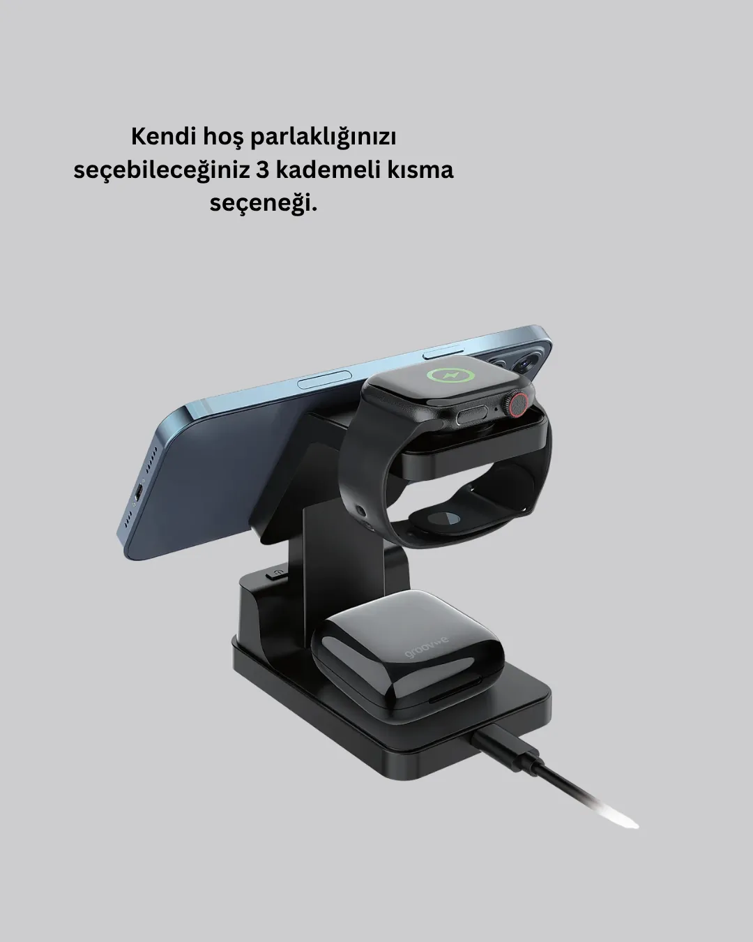 Kablosuz Şarj İstasyonu ve Dijital Saat – Apple Uyumlu, 3 Kademeli Işık Ayarı