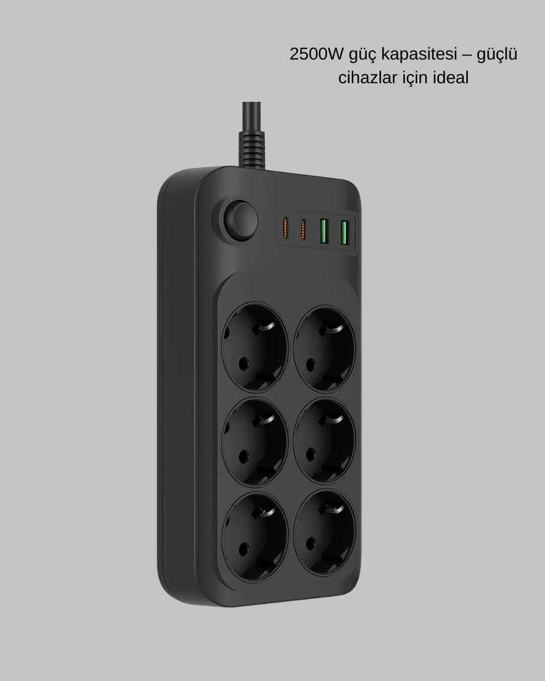 2500W Güçlü 6’lı Priz USB ve Type-C Çıkışlı Termal Korumalı