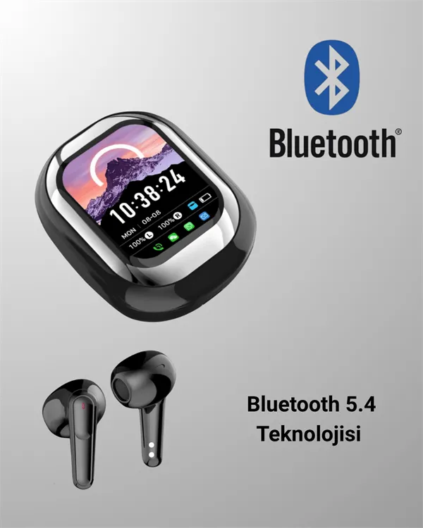 Akıllı Ekranlı Bluetooth 5.4 Kablosuz Kulaklık – Dokunmatik ve Şarj Kutulu