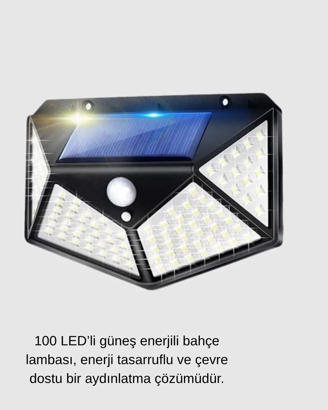 Güneş Enerjili 100 LED Dış Mekan Lamba – Hareket Sensörlü, 2200mAh Bataryalı Solar Aydınlatma