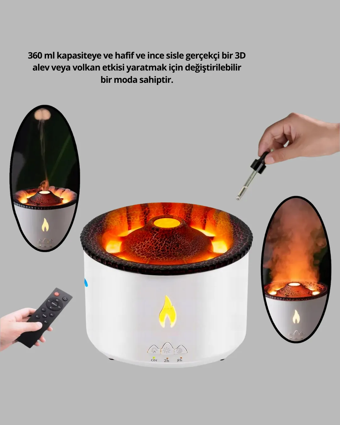 Alev Efektli Buhar Makinesi – Aromaterapi, Nemlendirme ve Işık Modlu Tasarım