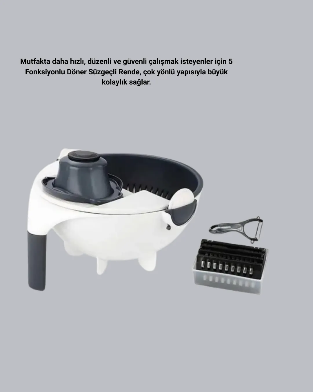 5 Fonksiyonlu Döner Rende Süzgeçli Çok Amaçlı Sebze Doğrayıcı Kaymaz Tabanlı