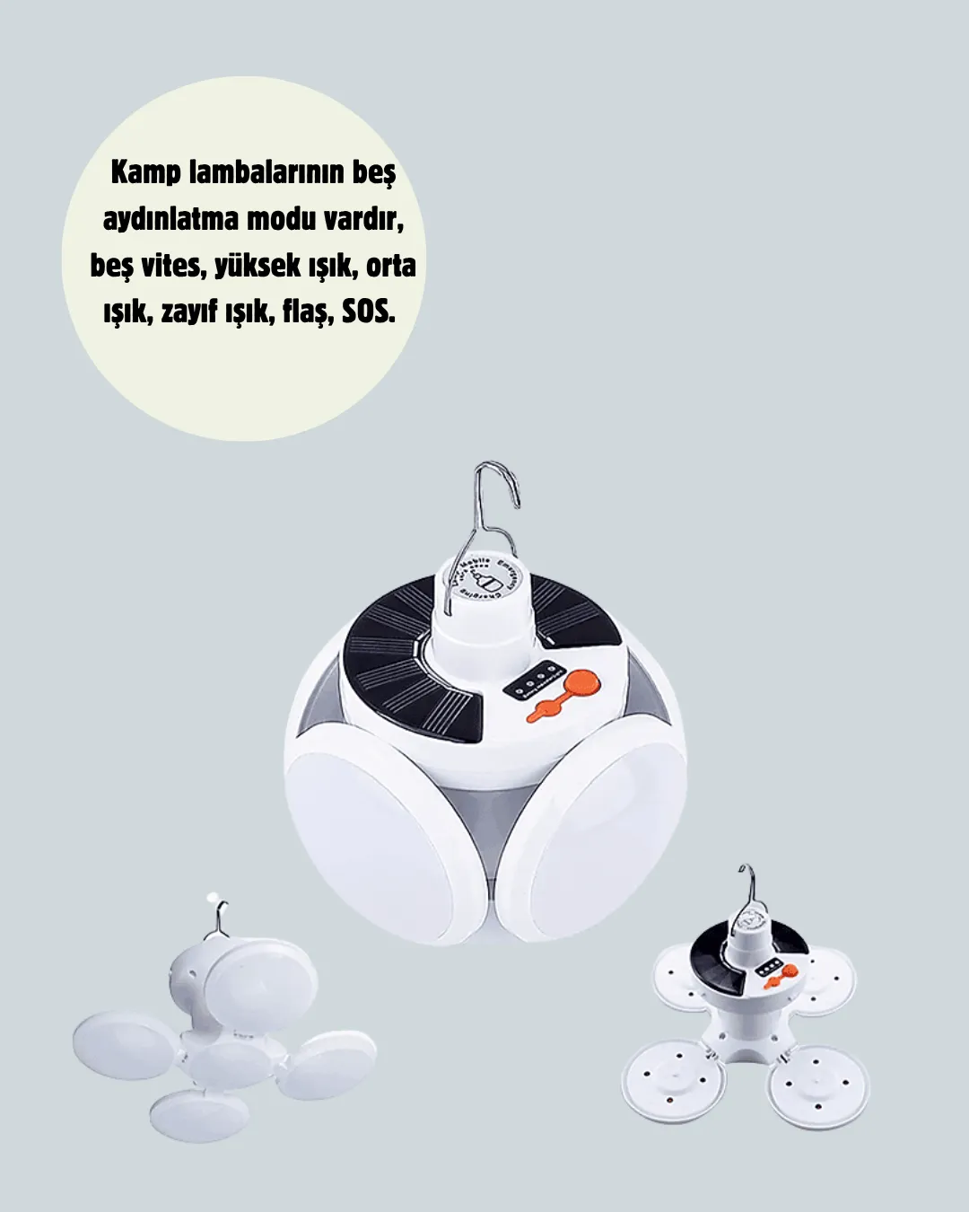 Güneş Enerjili USB Şarj Edilebilir 5 Modlu Katlanabilir LED Kamp Işığı