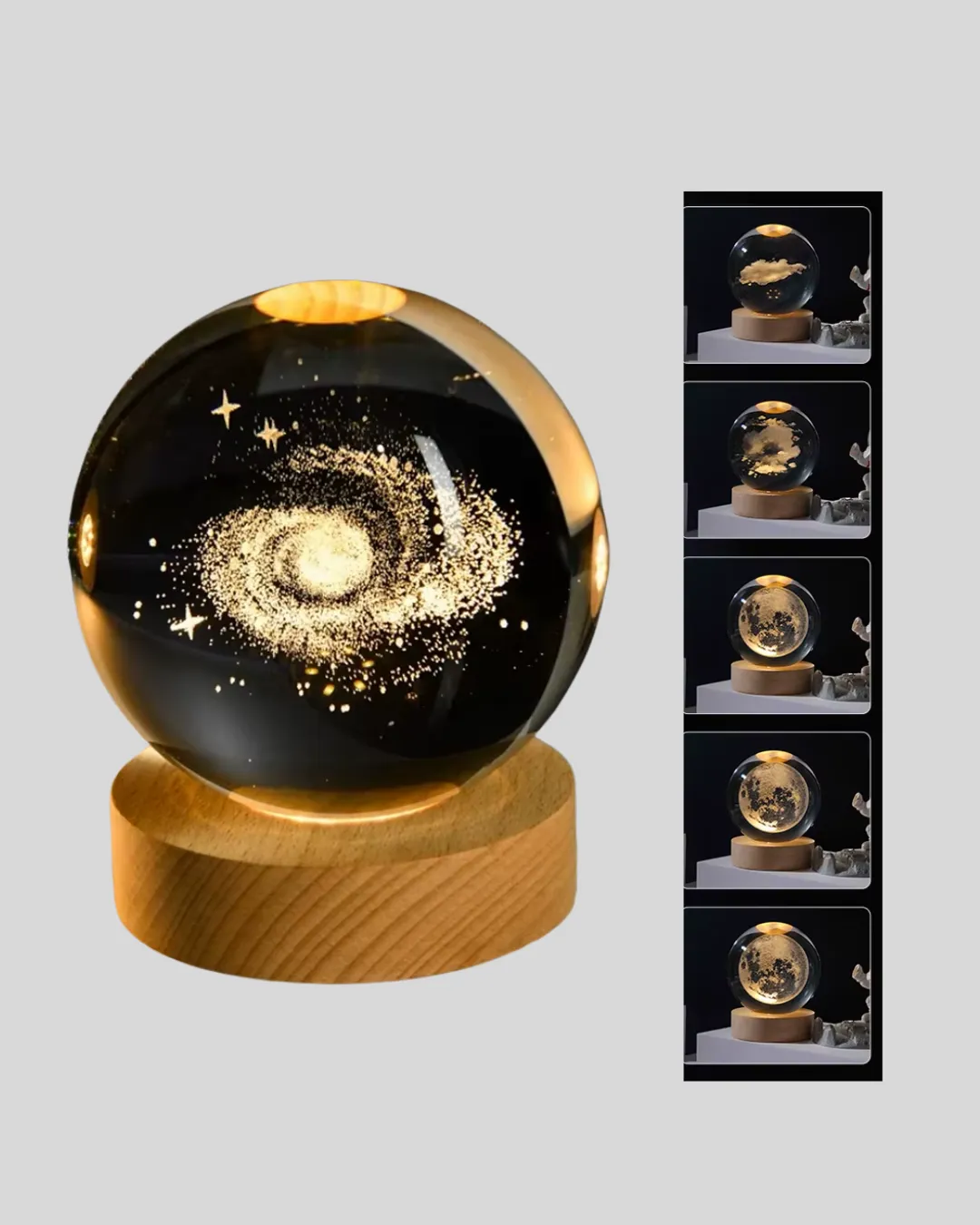 3D Lazer İşlemeli Galaksi Küre USB LED Ahşap Standlı Oda Gece Lambası