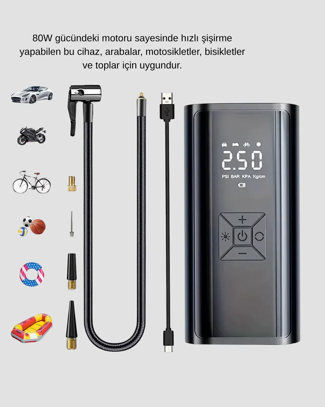 Dijital Ekranlı Kablosuz Hava Pompası LED Işıklı 12V 80W