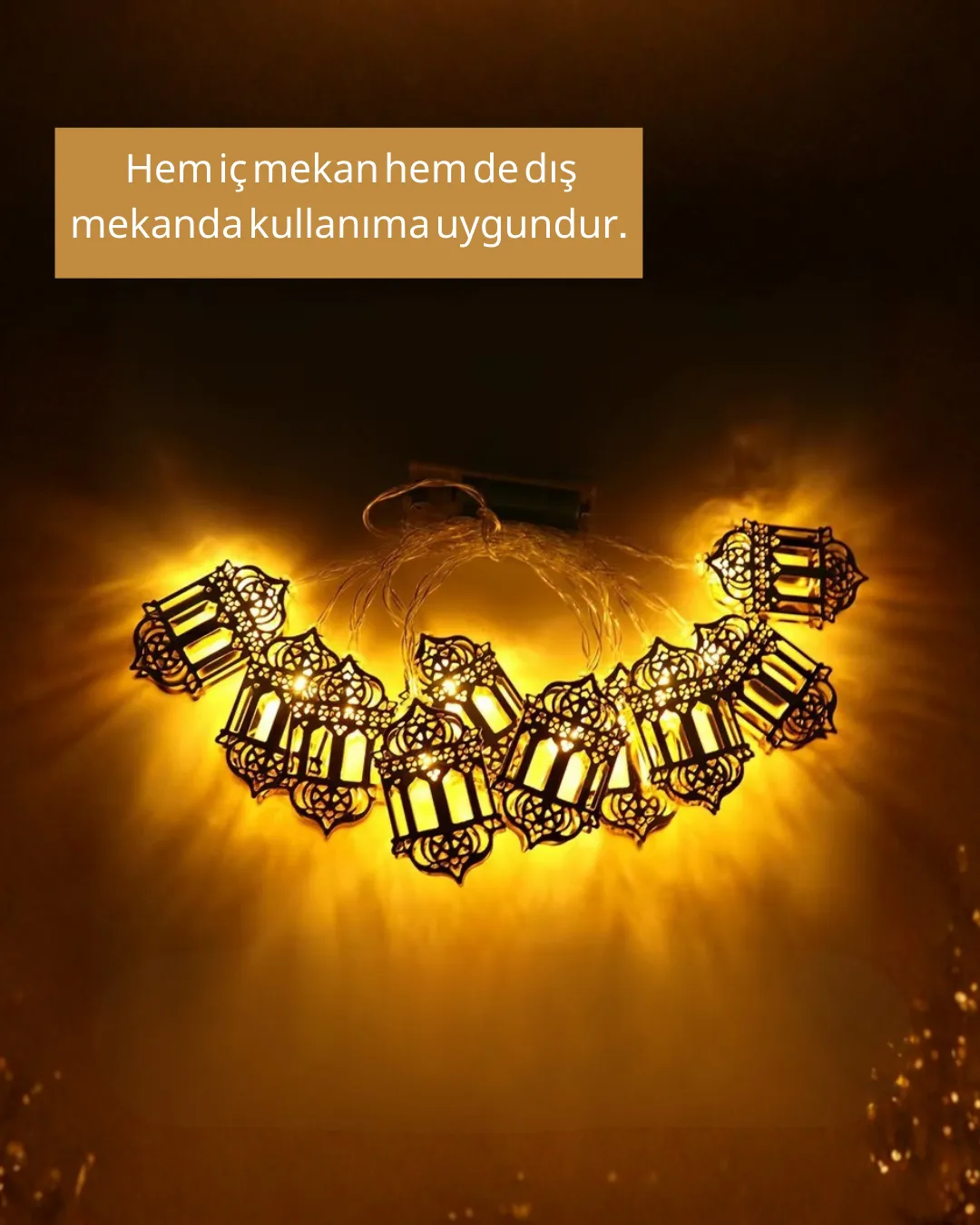 Pilli Ramazan Işıkları Altın Renk Fener Figürlü LED Süsleme