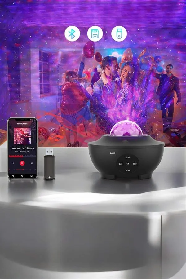 Çocuklara Özel Şarjlı Bluetooth Hoparlör Parti Led Lambası Yıldızlı Projeksiyon