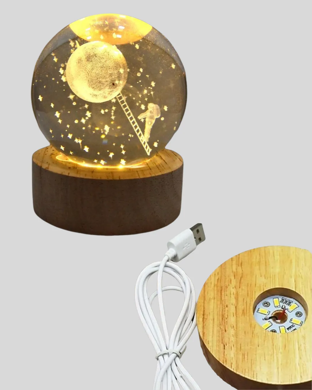 3D Astronot Kristal Küre Gece Lambası USB Ahşap Standlı Dekoratif Işık