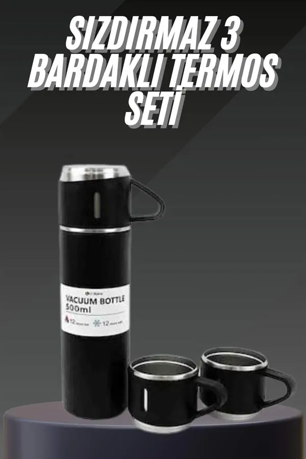 Termos Seti Paslanmaz Çelik 3 Bardaklı Vakumlu Termos Set 500 Ml 12 Saate Kadar Isı Koruma