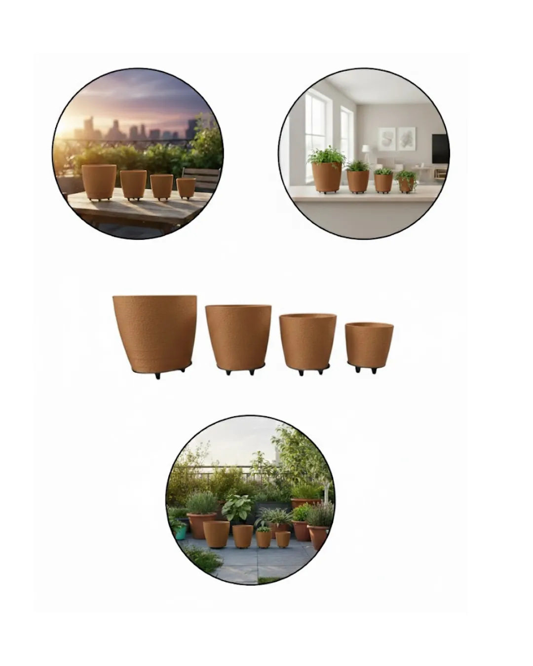 4’lü 3D Modern Kahverengi Vazo Seti Ayaklı Dekoratif Saksı Takımı