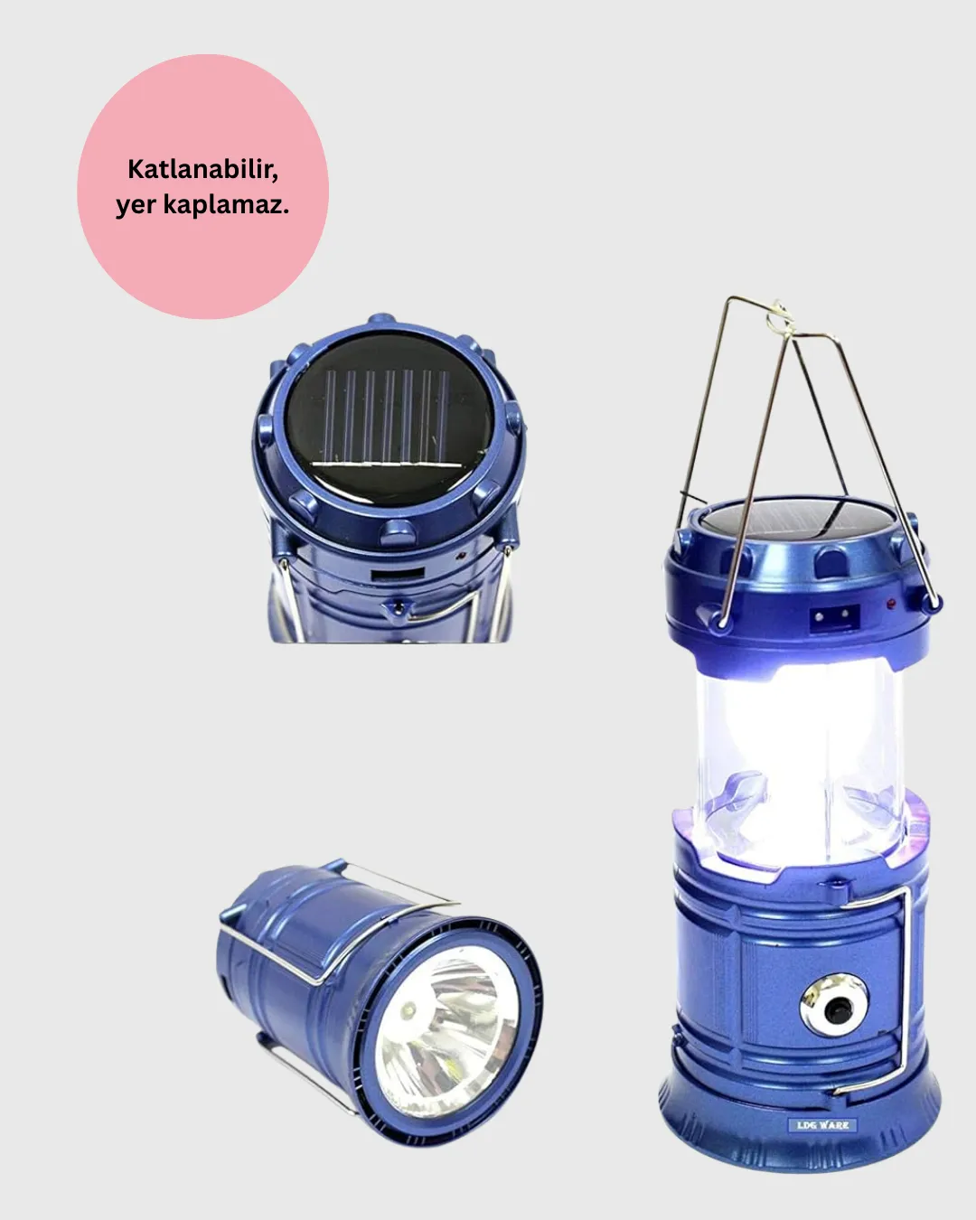 Şarj Edilebilir Güneş Enerjili Kızaklı Kamp Feneri – USB Çıkışlı, Katlanabilir, Dayanıklı ve Çok Fonksiyonlu