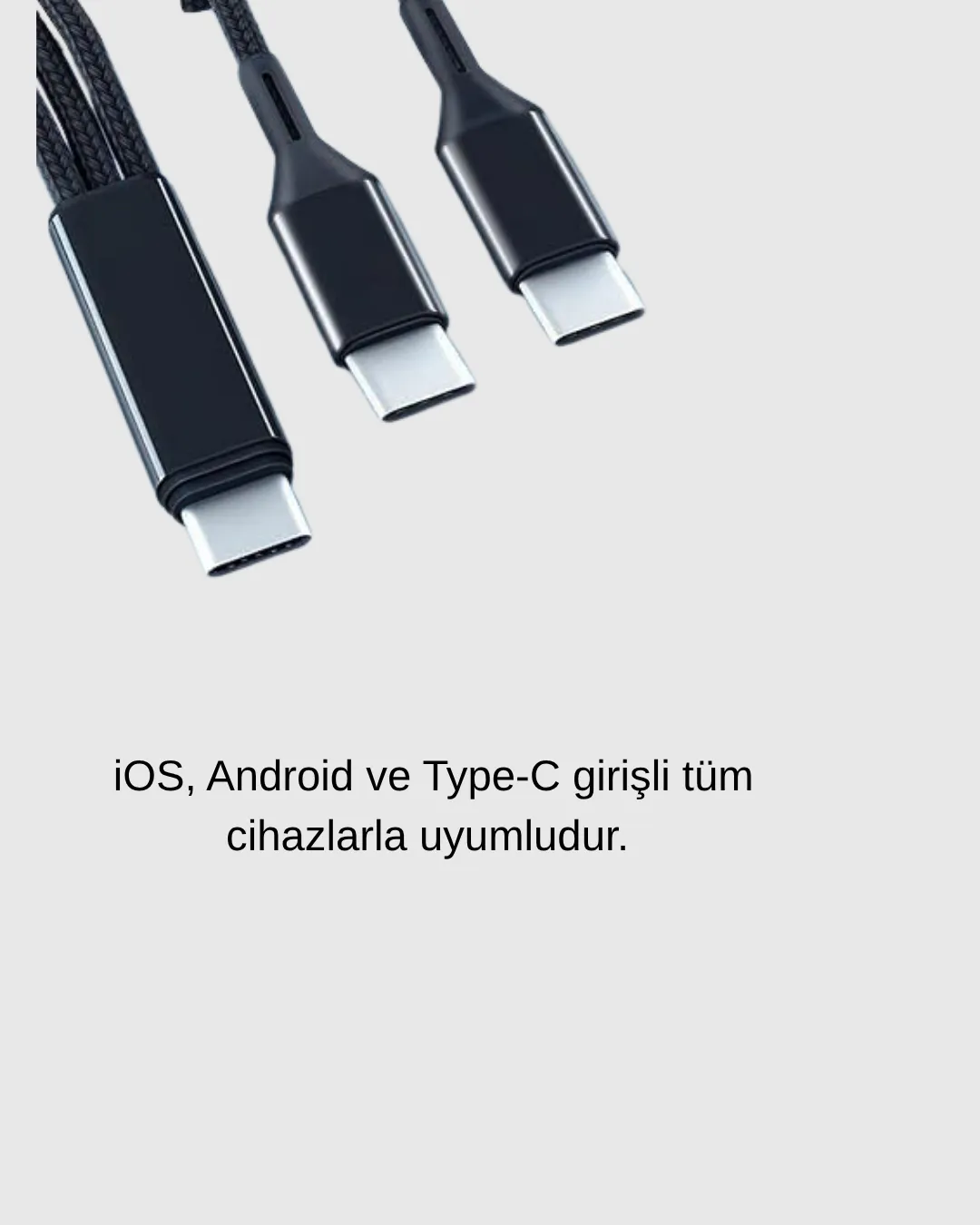 3’ü 1 Arada Şarj Kablosu Type-C iOS Android Uyumlu Hızlı ve Güvenli Şarj