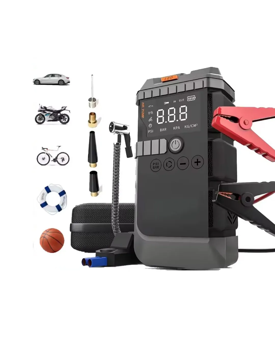 Taşınabilir Araç Çalıştırma Jump Starter Hava Pompası Dijital Basınç Göstergeli Güç Bankası